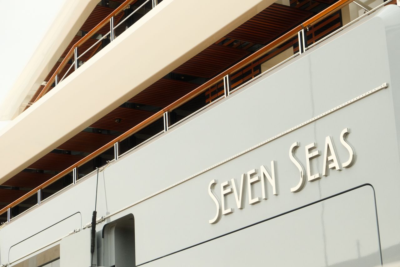 Close-up of the Seven Seas superyacht, highlighting sleek design and geometric elegance.